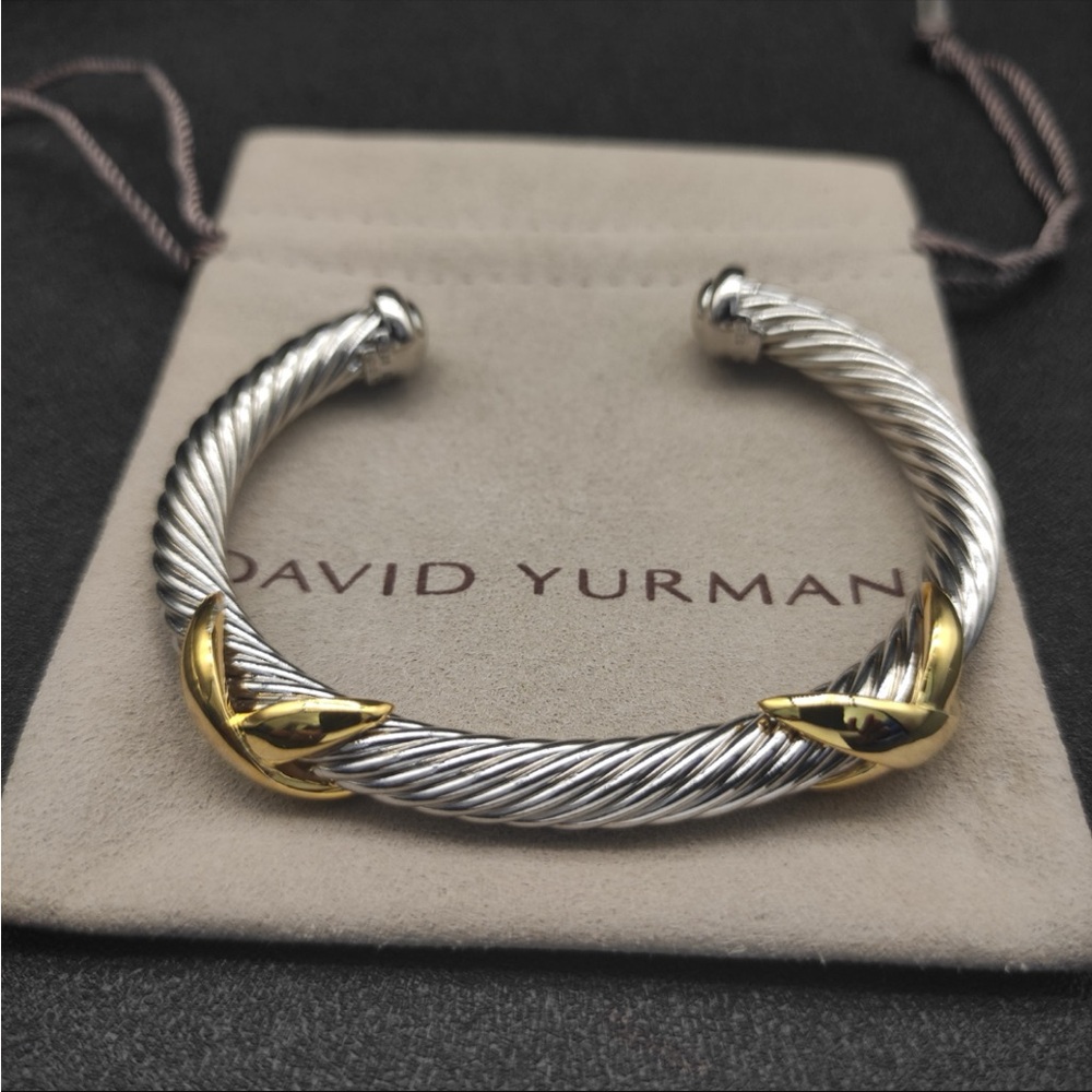 David Yurman Two-Tone Twisted Cable Cuff Bracelet - Silver & Gold Accents 7mm